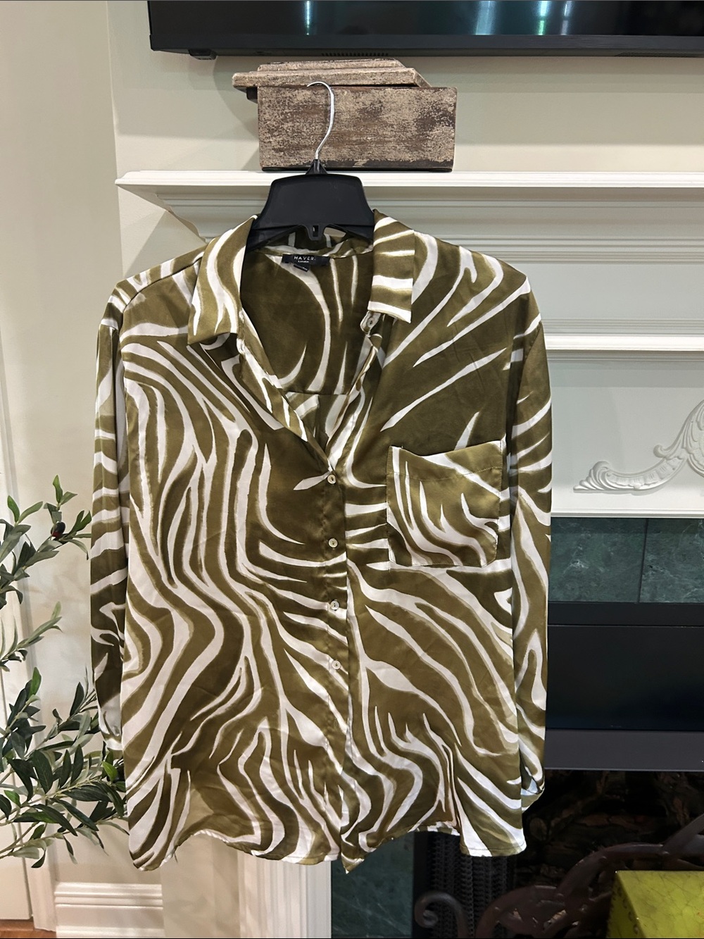 Have Olive Green and White Zebra Print Button-Up Blouse
